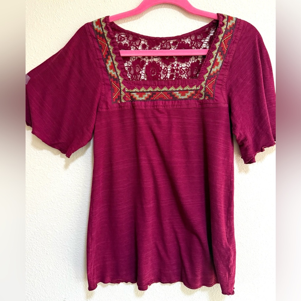Women's Burgundy Embroidered & Lace Detail Top,Sz XS,Hippie,Boho,Whimsygoth,Y2K